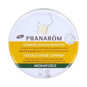 Pranarôm Aromaforce | Gommes adoucissantes gorge Miel-Citron Bio | 45 g