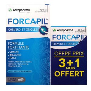 Forcapil Fortifiant - Cheveux et Ongles - Lot de 3 Mois + 1 mois offert - 180 + 60 gélules