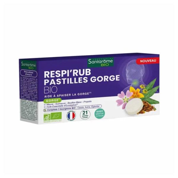 Santarome Respi'Rub Pastilles Gorge Bio | Gorge irritée, Menthe Citron | 21 pastilles