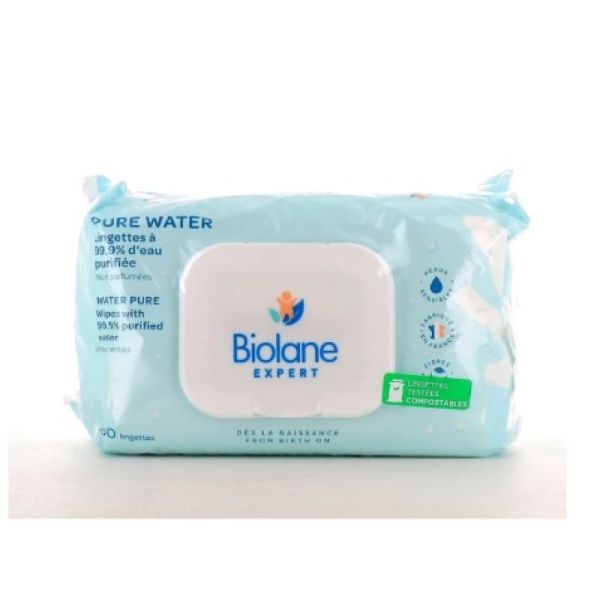Les lingettes Pure Water Biolane nettoient délicatement et en un seul geste  le siège, le corps et le visage de votre bébé. Disponible…