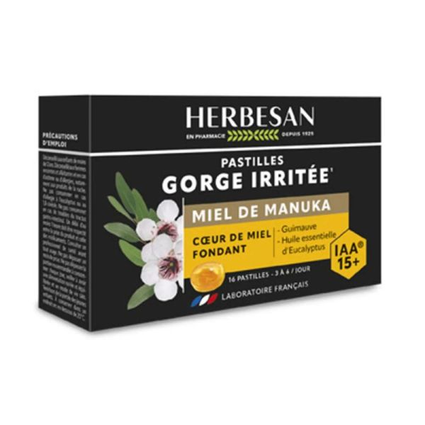 Herbesan Pastilles Gorge Irritée | Manuka IAA15+, Guimauve et Eucalyptus | 16 pastilles