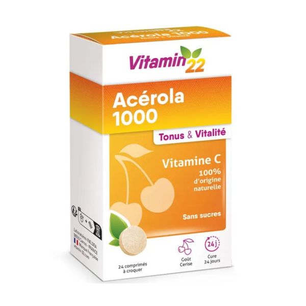 Vitamin22 Acérola 1000 Vitamine C naturelle | Vitalité & stress oxydatif | 24 comprimés à croquer