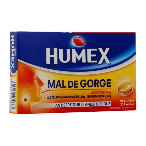 Humex Mal de Gorge Lidocaïne | Goût miel citron | 24 pastilles