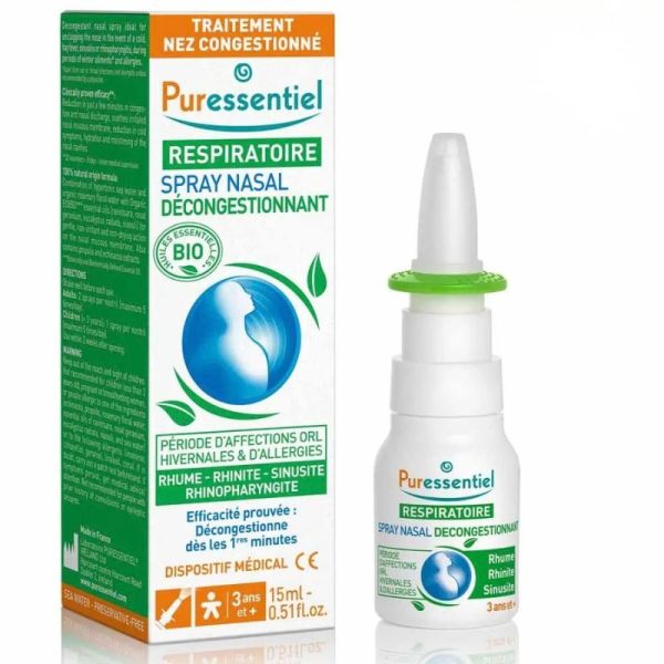 Puressentiel Spray Nasal Décongestionnant BIO | Nez bouché, rhume et rhinite | 15 ml