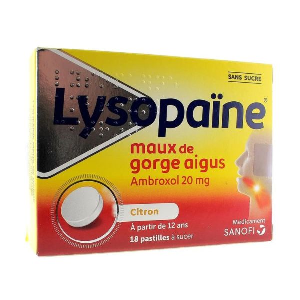 Lysopaïne Ambroxol 20 mg | 18 pastilles sans sucre | mal de gorge aigu